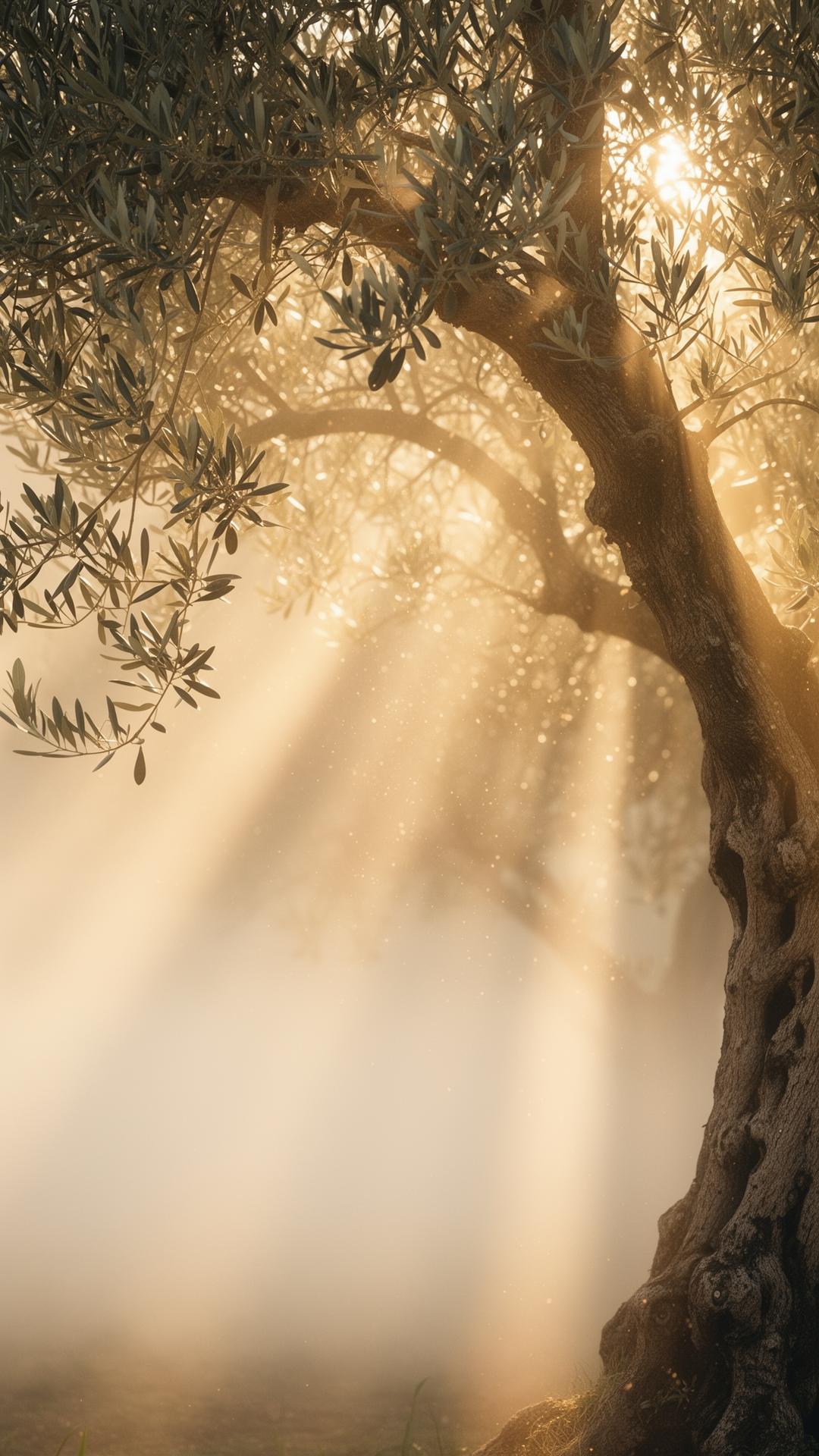 Golden light through olive branches